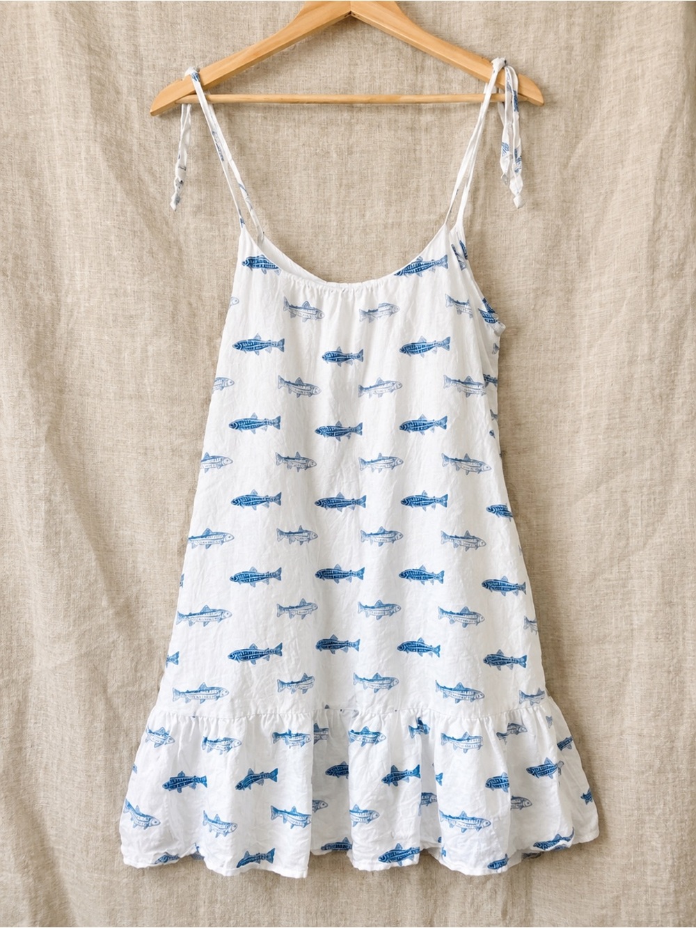 🐟 Cynthia Rowley Fish Print Linen Dress Coastal Trapeze Dress L Pockets
